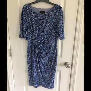 Blue dot 3/4 sleeve faux wrap dress